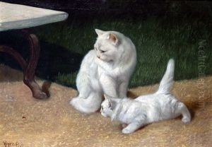 Cat With Her Kitten In The Garden by Arthur Heyer