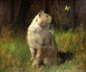 White Cat Watching A Butterfly by Arthur Heyer