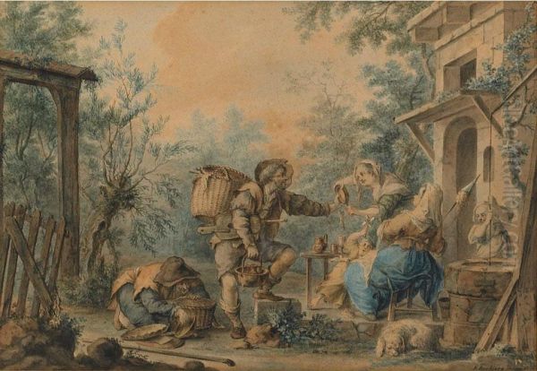 A Tinker Selling Pots And Pans To A Peasant Woman Outside Acottage - view 1