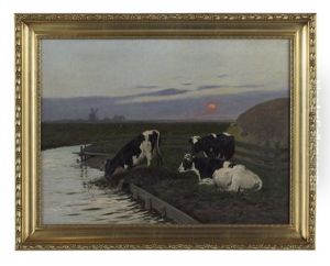 Landscape At Sunset With Cattle On A Farm Landscape At Sunset With Cattle On A Farm