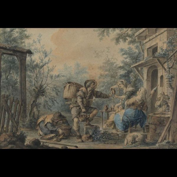 A Tinker Selling Pots And Pans To A Peasant Woman Outside A Cottage - view 1