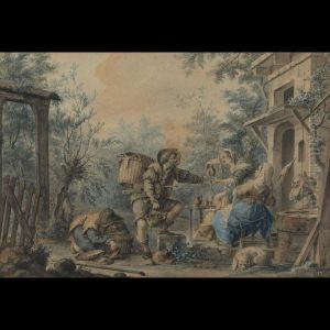 A Tinker Selling Pots And Pans To A Peasant Woman Outside A Cottage by Pieter Bartholomeusz. Barbiers IV