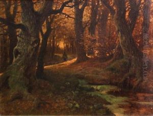 A Forest Interior With A Shepherd And His Flock On A Road by Arthur Heyer
