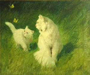 A Cat And Her Kitten With Two Butterflies by Arthur Heyer
