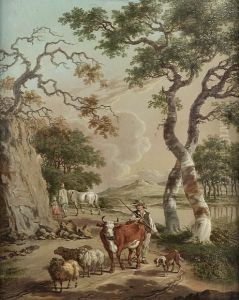 A Shepherd And His Flock On A Country Path With A Couple In A Wagon Approaching; And A Drover With A Bull, Sheep And A Ram On A Country Path