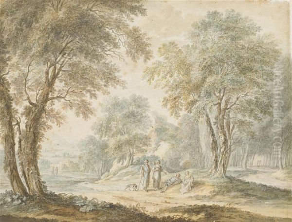 Personnages Discutant Sur Un Chemin Borde D'arbres; Et Paysans Sur Un Chemin Au Bord D'une Riviere - view 1