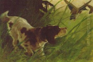 An Irish Red And White Setter Flushing Out A Mallard by Arthur Heyer