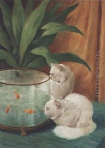 Two White Persian Cats Looking Into A Goldfish Bowl by Arthur Heyer