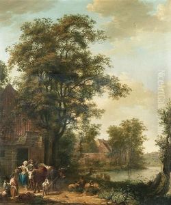 A Milkmaid And Goatherd With A Young Girl And Their Livestock Outside A Cottage, A River, A Village And A Meadow Beyond by Pieter Barbiers