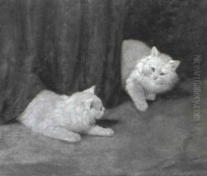 Spielende Katzen Vor Grunem Vorhang by Arthur Heyer