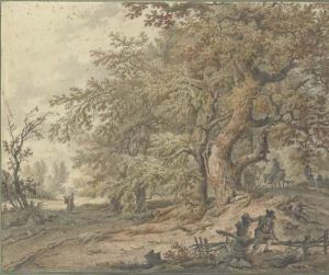 A Forest With A Traveller On A Horse, A Woman Carrying A Basket Anda Traveller Resting By A Barrier In The Foreground
