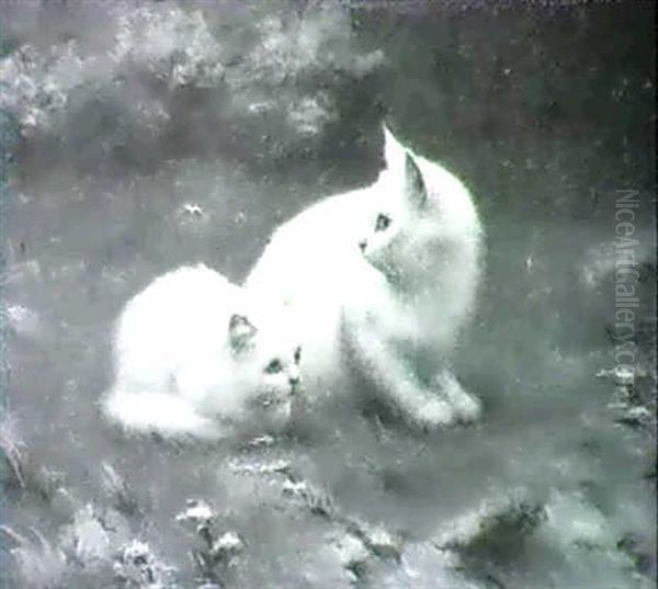 Two White Kittens On The Grass - view 1