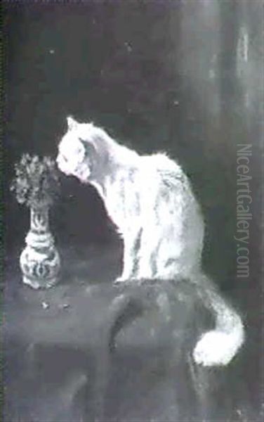 A Cat Smelling A Vase Of Violets - view 1