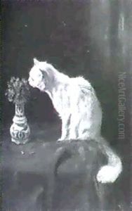 A Cat Smelling A Vase Of Violets A Cat Smelling A Vase Of Violets