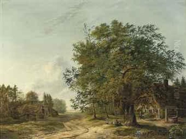 A Wooded Landscape With Children Playing Near A Cottage - view 1