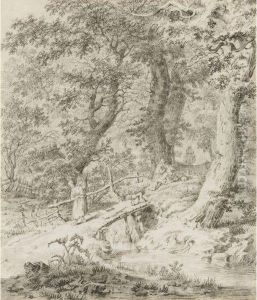 Wooded Landscape With Peasants, And A Dog On A Bridge by Pieter Bartholomeusz. Barbiers IV