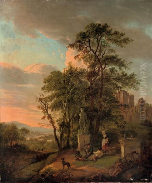An Italianate River Landscape With Figures Resting Near A Classicalsculpture, Ruins In The Background - view 1