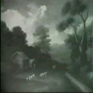 A Cottage Near A Pond With Cattle Watering