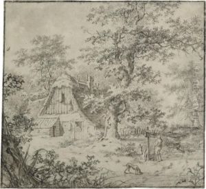 A Thatched Woodland Cottage With A Man And His Dog In Theforeground by Pieter Bartholomeusz. Barbiers IV