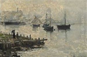 Harbour Scene With Ships At Anchor On A Hazy Day by Hans Olaf Heyerdahl