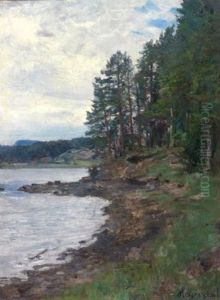 Skogen Ved Bygdoy Bad Med Kolsas I Bakgrunnen by Hans Olaf Heyerdahl