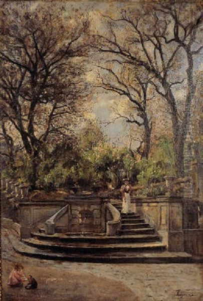 La Baronne Bro De Comeres Et Son Fils Dans Le Jardin De Leur Hotel Particulier A Paris - view 1