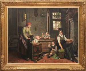Genreszene Mit Spielenden Kindern Und Mutter Bei Der Arbeit