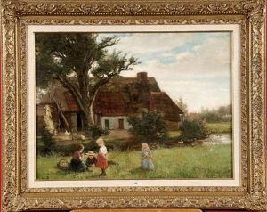Enfants Cueillant Des Fleurs Dans Le Pre by Jean Arnould Heyermans