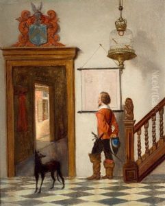 Oud Hollands Interieur Met Edelman Bij Een Landkaart by Gustaaf Antoon Francois Heyligers