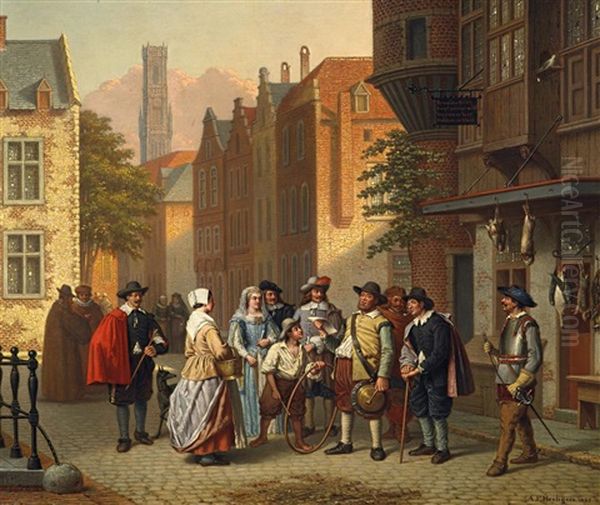 Historisierende Hollandische Strasenszene Mit Personen, Die Sich Um Den Abgesandten Des Konigs Versammeln - view 1