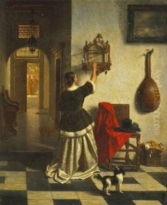 A Lady In An Interior Feeding Her Pet Bird by Gustaaf Antoon Francois Heyligers