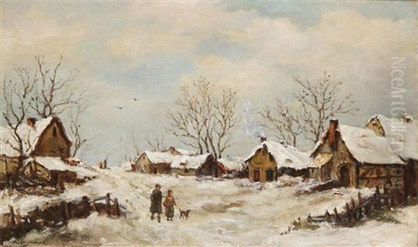 Paysage Hivernal Anime De Figures Pres De Fermes - view 1