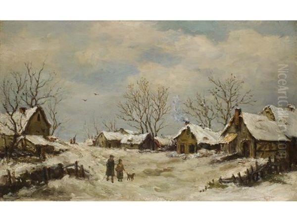 Verschneites Dorf Mit Einem Paar In Begleitung Eines Hundes - view 1