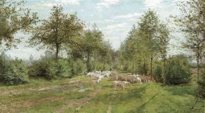 A Shepherd With His Flock On A Sunlit Country Track