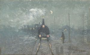 Train A Vapeur Arrivant A La Gare by Jozef Heymans