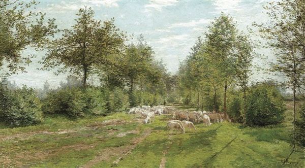 A Shepherd With His Flock In A Sunny Lane - view 1