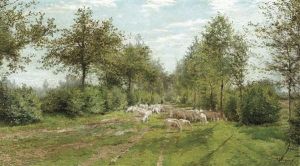 A Shepherd With His Flock In A Sunny Lane