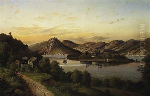 Abendstimmung Bei Nonnenwerth Am Rhein. Im Hintergrund Der Drachenfels