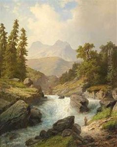 Alpelandskab Med Brusende Flod by Heinrich Eduard Heyn