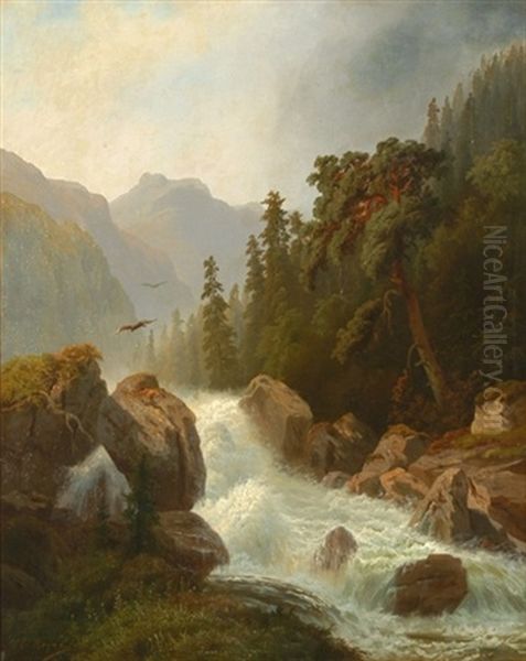 Gebirgslandschaft Mit Wildbach Und Raubvogeln - view 1