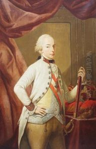 Bildnis Kaiser Leopolds Ii. Mit Feldherrenstab, Romischer Kaiserkrone, Reichsapfel U. Der Habsburgischen Hauskrone by Joseph Hickel