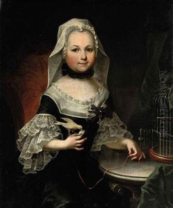 Portrait Of Antonia, Countess Of Lamberg In A Black And White Dress With Lace Cuffs, Holding A Bird By A String by Joseph Hickel