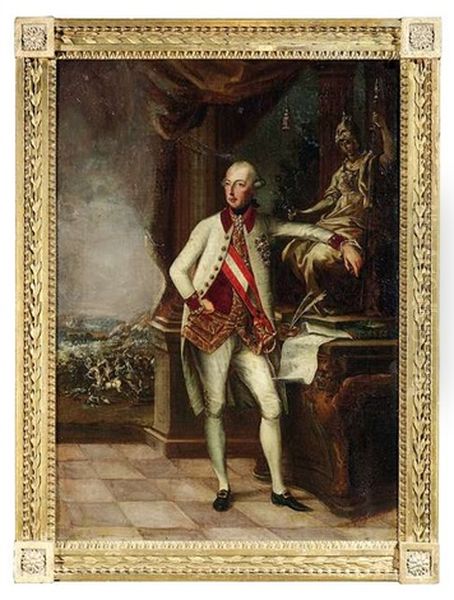 Portait Kaiser Joseph Ii. In Ganzer Figur. Er Steht Vor Einem Balkon An Einer Schreibtisch Und Hat Den Arm Auf Eine Statue Der Minerva Gelehnt. - view 1