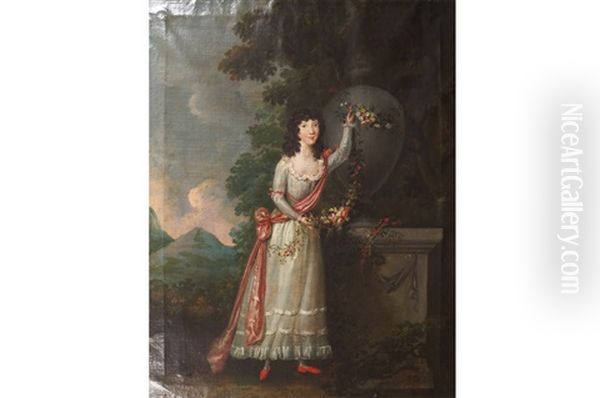 A Young Girl In A Landscape Setting, Decorating A Stone Vase With A Garland Of Flowers - view 1