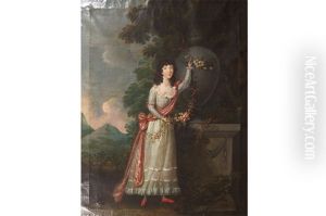 A Young Girl In A Landscape Setting, Decorating A Stone Vase With A Garland Of Flowers by Thomas Hickey