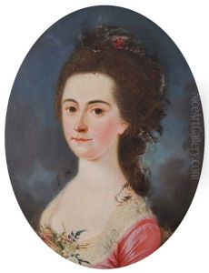 Portrait Of Mary Cope Wearing A Pink Dress Against A Landscape Background