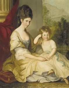Portrait Of A Lady And Her Daughter, Traditionally Identified As Charlotte Myne (nee Pringle) And Her Daughter Susan, Full-length, In A White And Blue Dress, With Her Daughter Susan Myne, Beside A Draped Column, A Landscape Beyond by Thomas Hickey