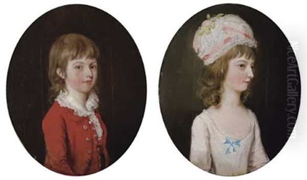 Portrait Of A Young Boy In A Red Coat And White Collar (+ Portrait Of A Young Girl In A White Dress, Wearing A White Cap With Flowers And Light Pink Ribbons; Pair) - view 1