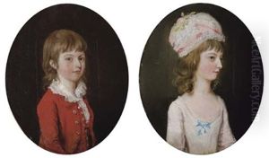 Portrait Of A Young Boy In A Red Coat And White Collar (+ Portrait Of A Young Girl In A White Dress, Wearing A White Cap With Flowers And Light Pink Ribbons; Pair) by Thomas Hickey