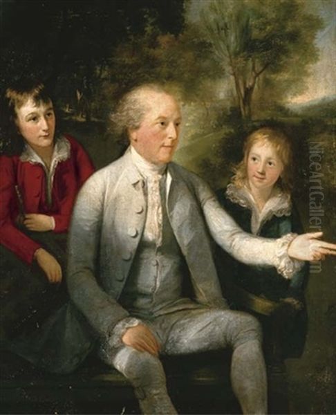 Portrait Of A Gentleman Seated On A Bench In A Landscape, With Two Boys Standing On Either Side - view 1